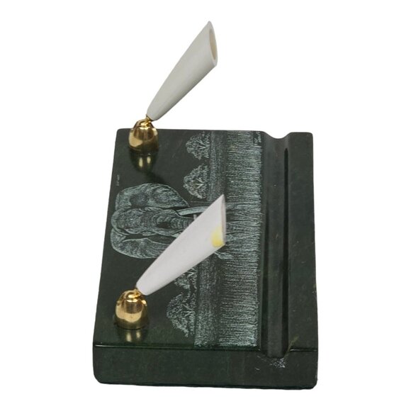 Vtg Signed African Verdite Stone Elephant Hand Crafted Etched Desk Pen Holder - Picture 4 of 11